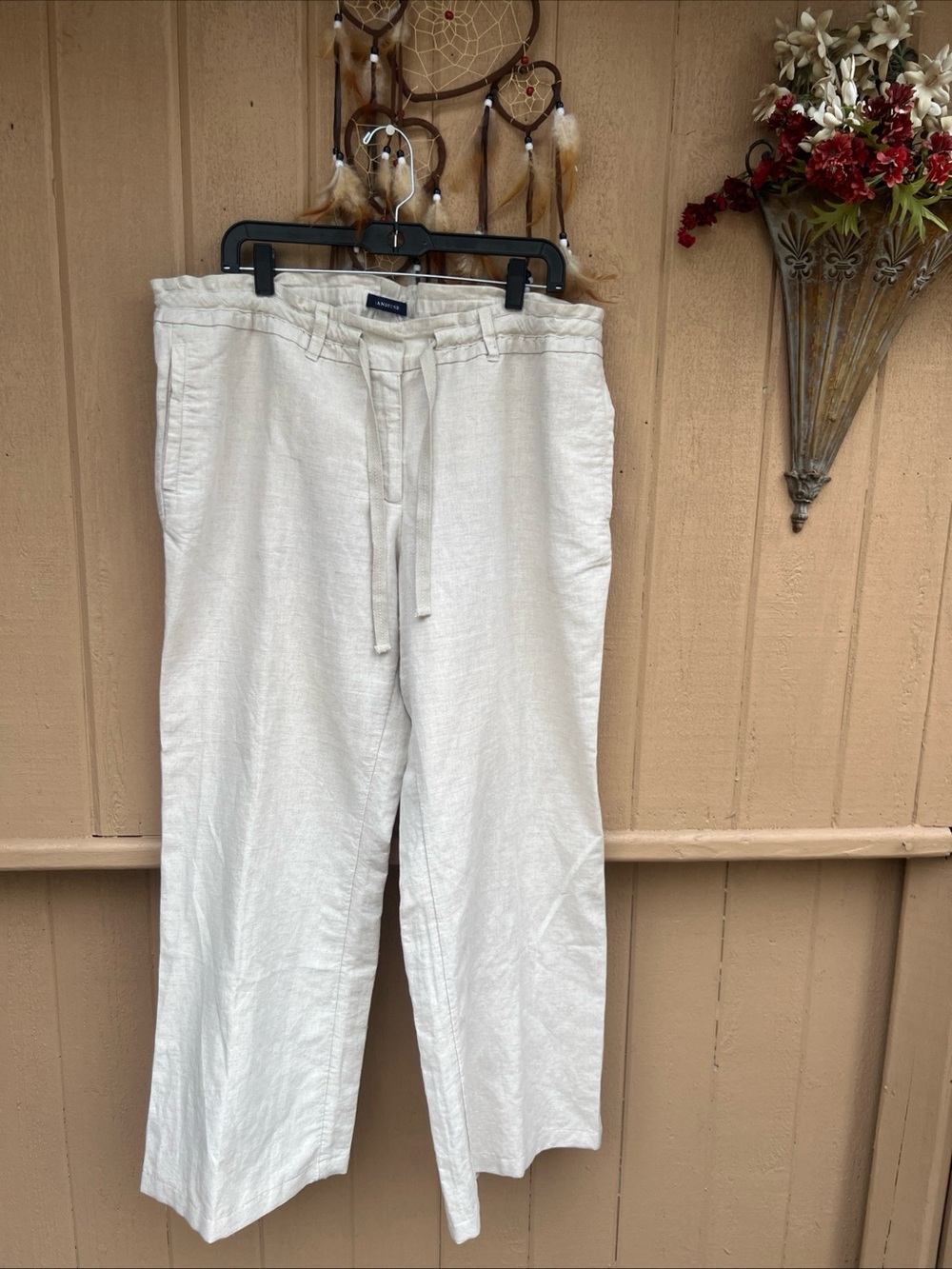 Lands' End Women’s 16-18 Pants Linen Beige Zip Up Wide Leg Very Stretchy Waist